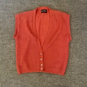 Vintage Knit‎ Vest Button Front V Neck Coral Orange Sweater L Coastal Grandma